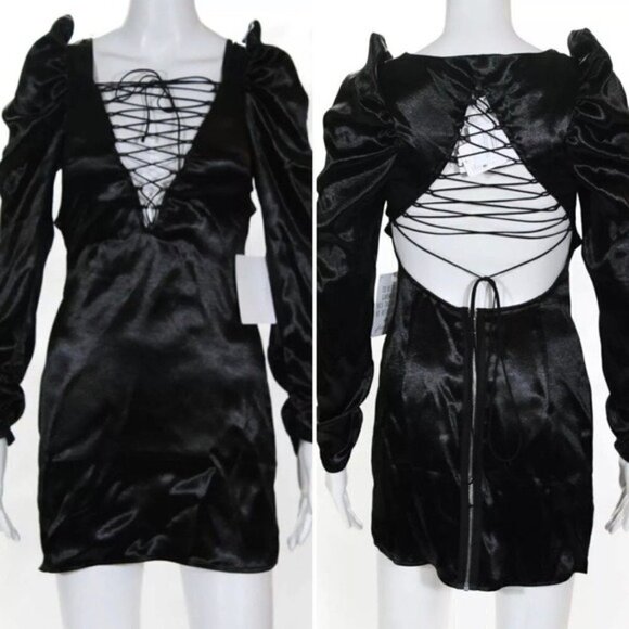 For Love and Lemons New Puff Sleeve Black Satin Prince Mini Dress XS NWT - Picture 8 of 10